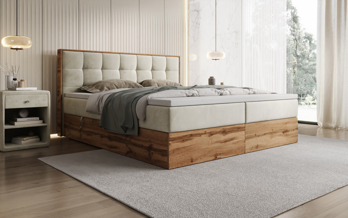 Box spring bed Timber Quad with storage in velvet