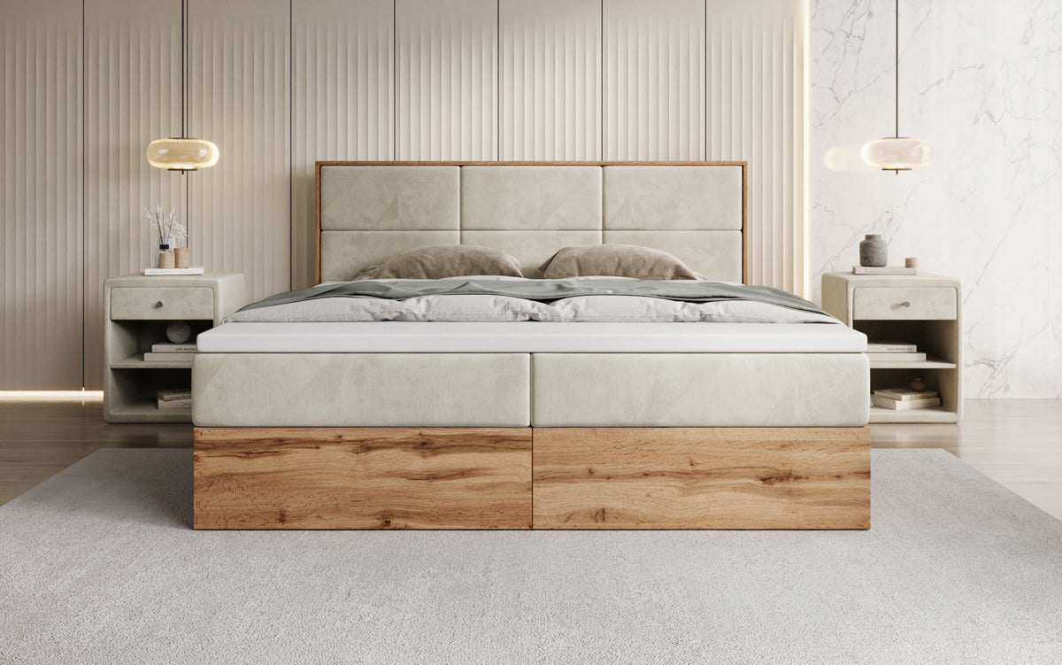 Timber Panel box spring bed with storage in velvet