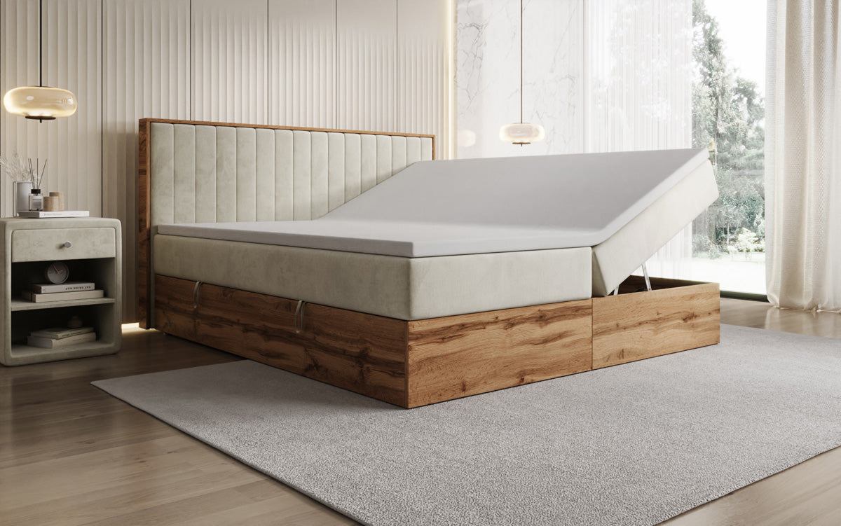 Box spring bed Timber Line with storage in velvet