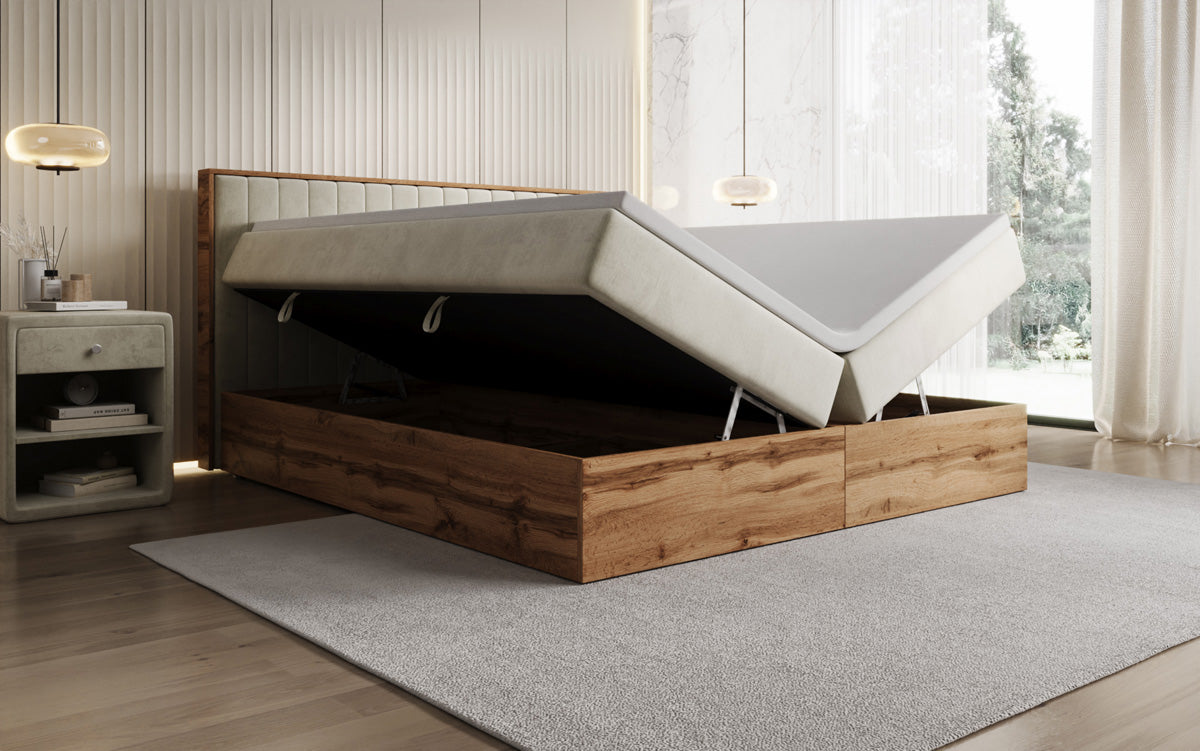 Box spring bed Timber Line with storage in velvet