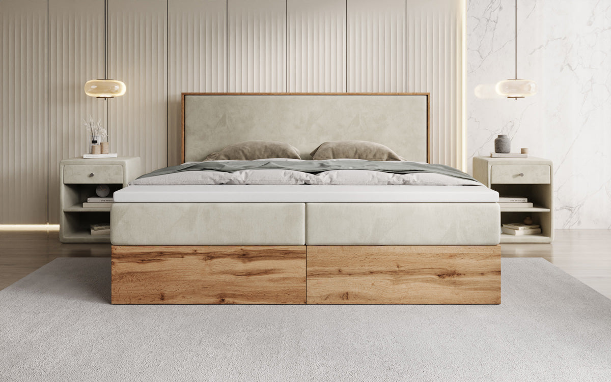 Box spring bed Timber with storage in velvet