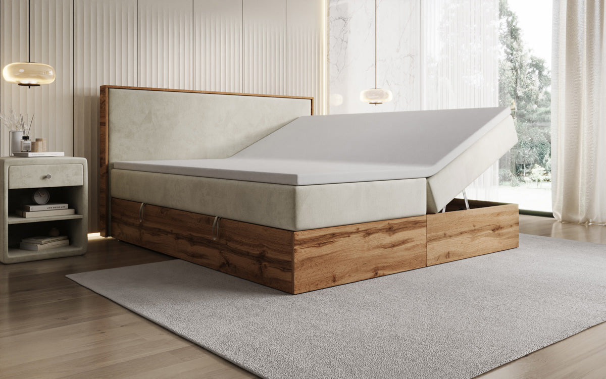 Box spring bed Timber with storage in velvet