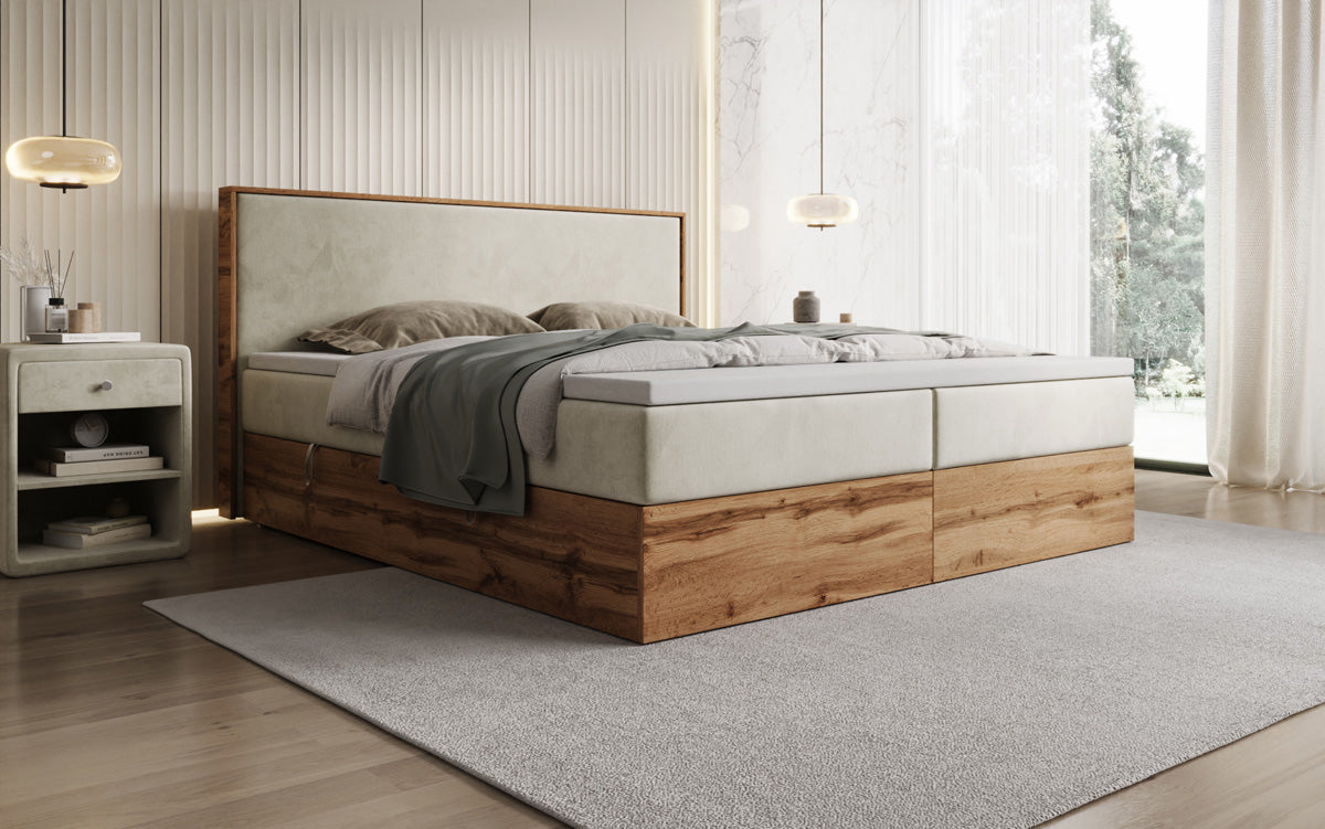 Box spring bed Timber with storage in velvet