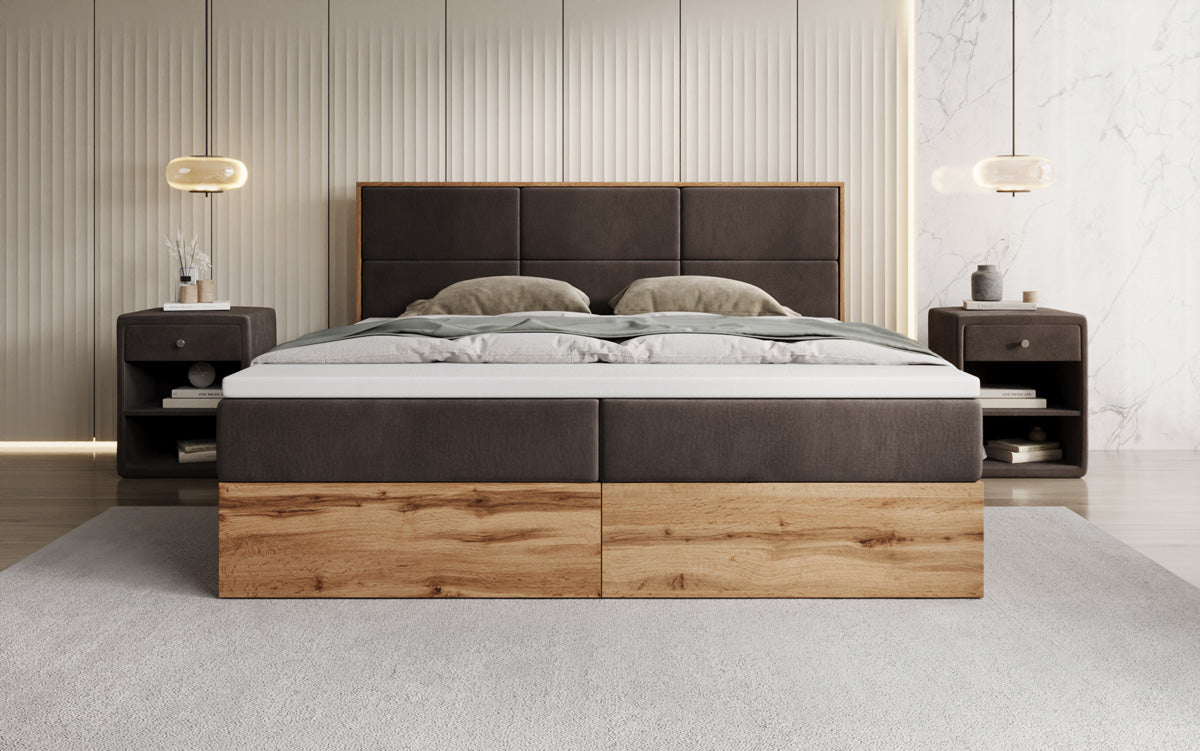 Timber Panel box spring bed with storage in velvet
