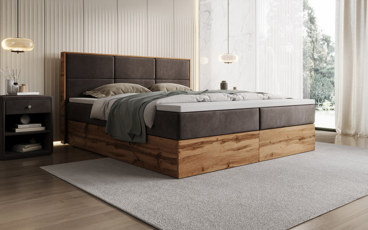 Timber Panel box spring bed with storage in velvet