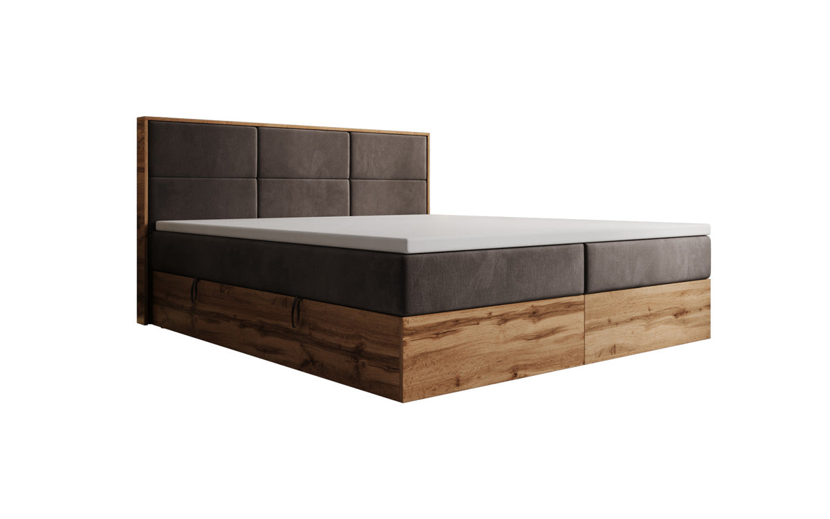 Timber Panel box spring bed with storage in velvet