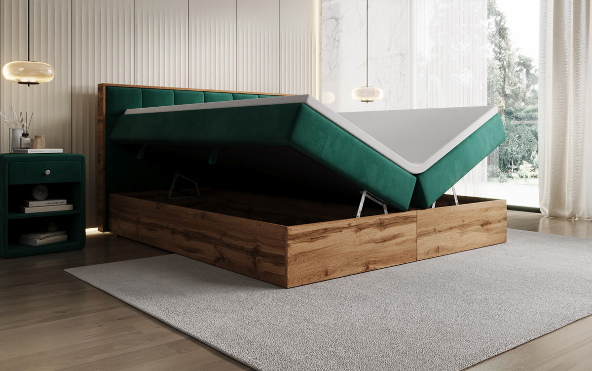 Box spring bed Timber Quad with storage in velvet