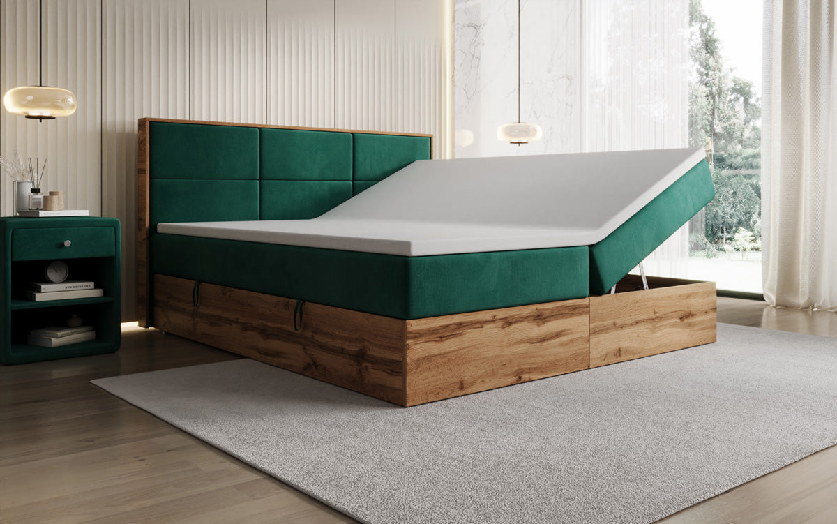 Timber Panel box spring bed with storage in velvet