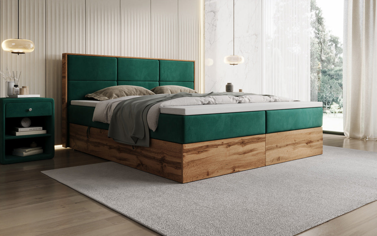 Timber Panel box spring bed with storage in velvet