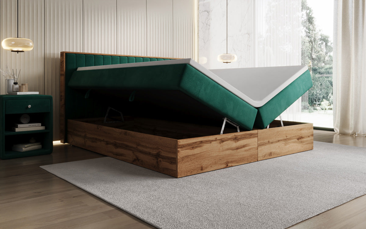 Box spring bed Timber Line with storage in velvet