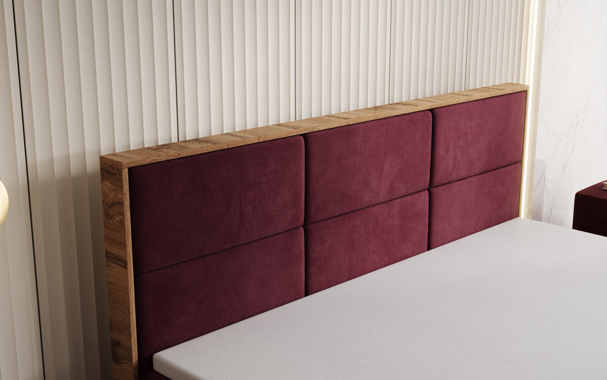 Timber Panel box spring bed with storage in velvet