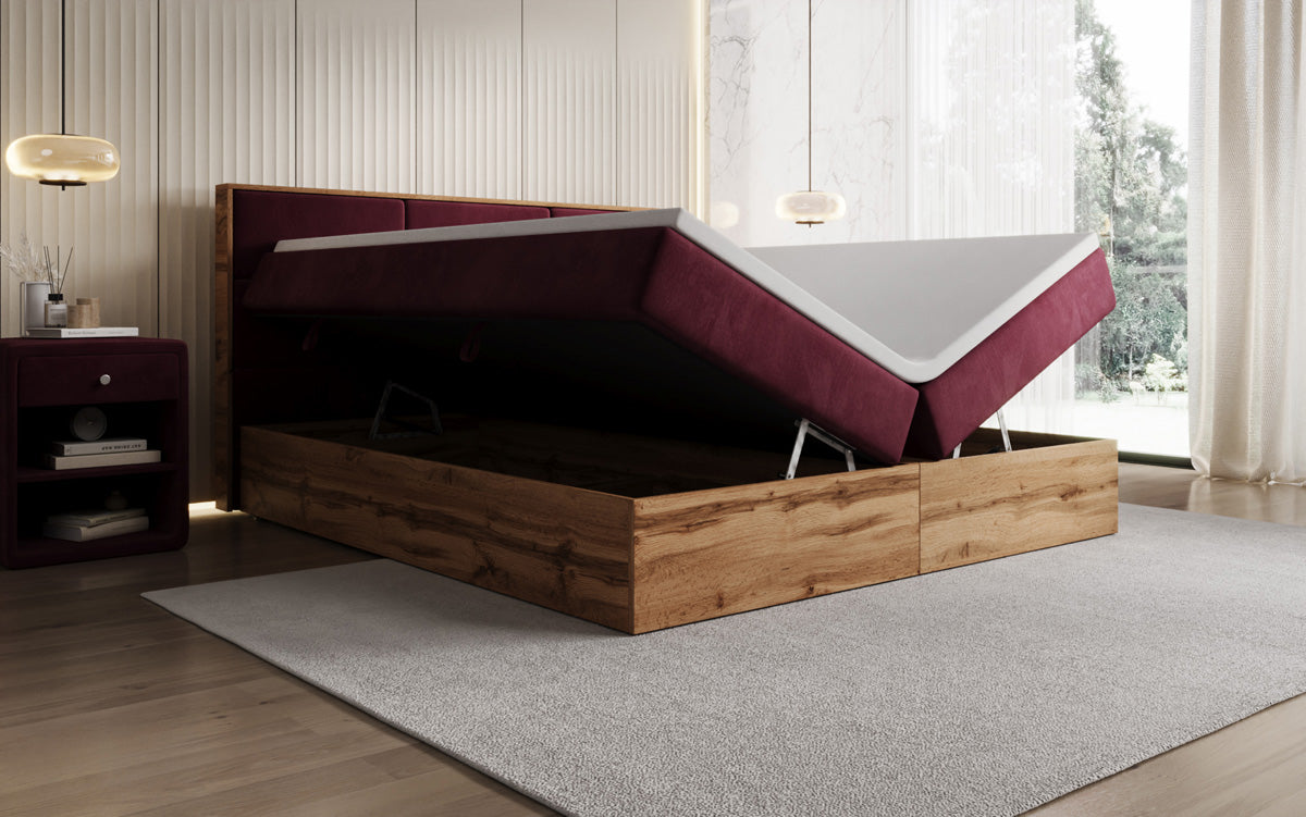 Timber Panel box spring bed with storage in velvet