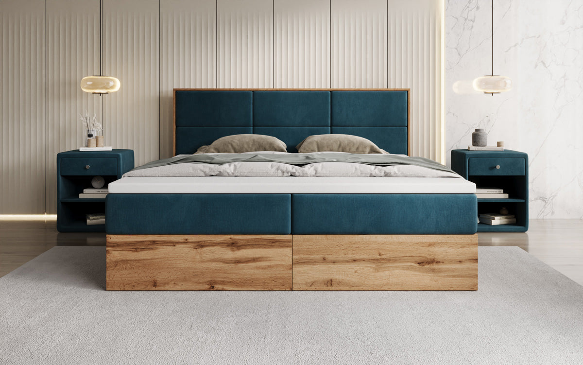 Timber Panel box spring bed with storage in velvet