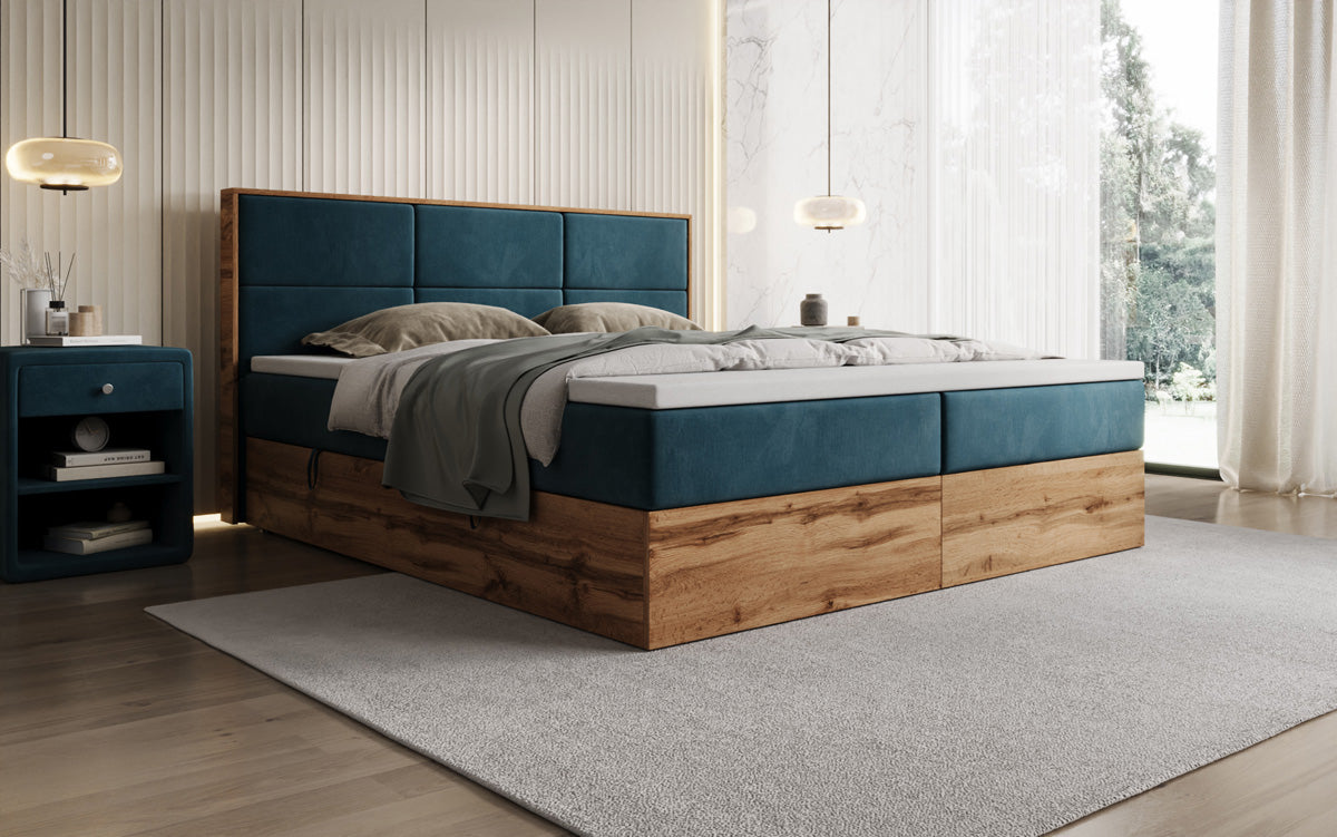 Timber Panel box spring bed with storage in velvet