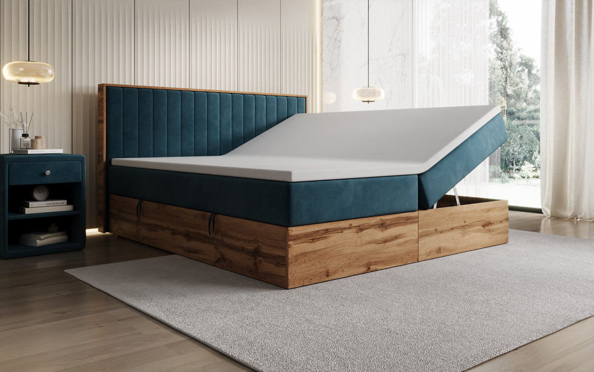 Box spring bed Timber Line with storage in velvet