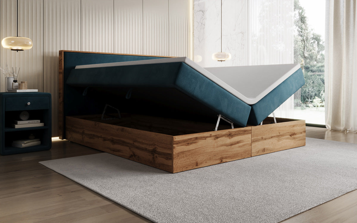 Box spring bed Timber with storage in velvet