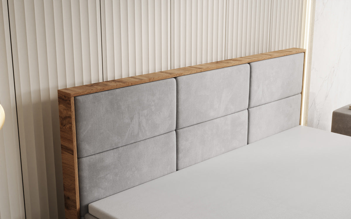 Timber Panel box spring bed with storage in velvet