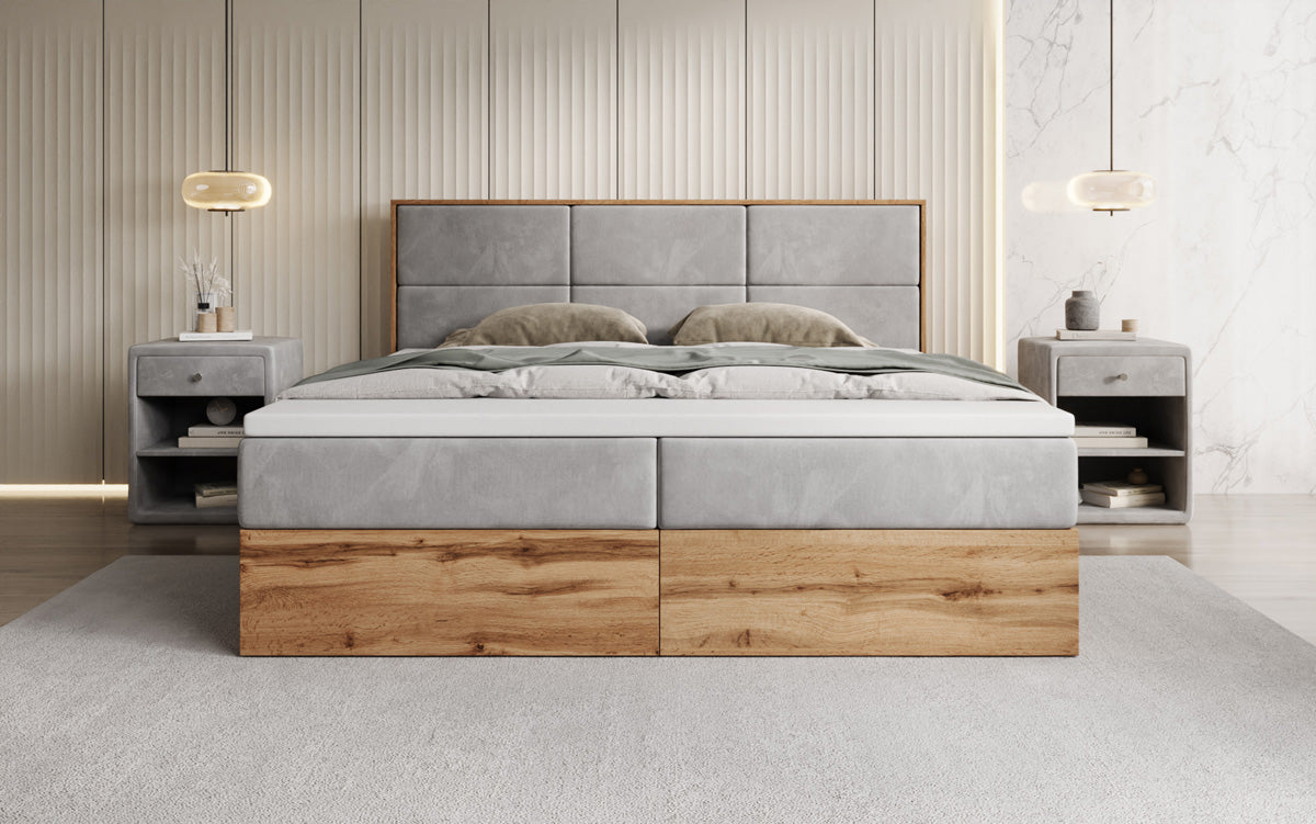Timber Panel box spring bed with storage in velvet