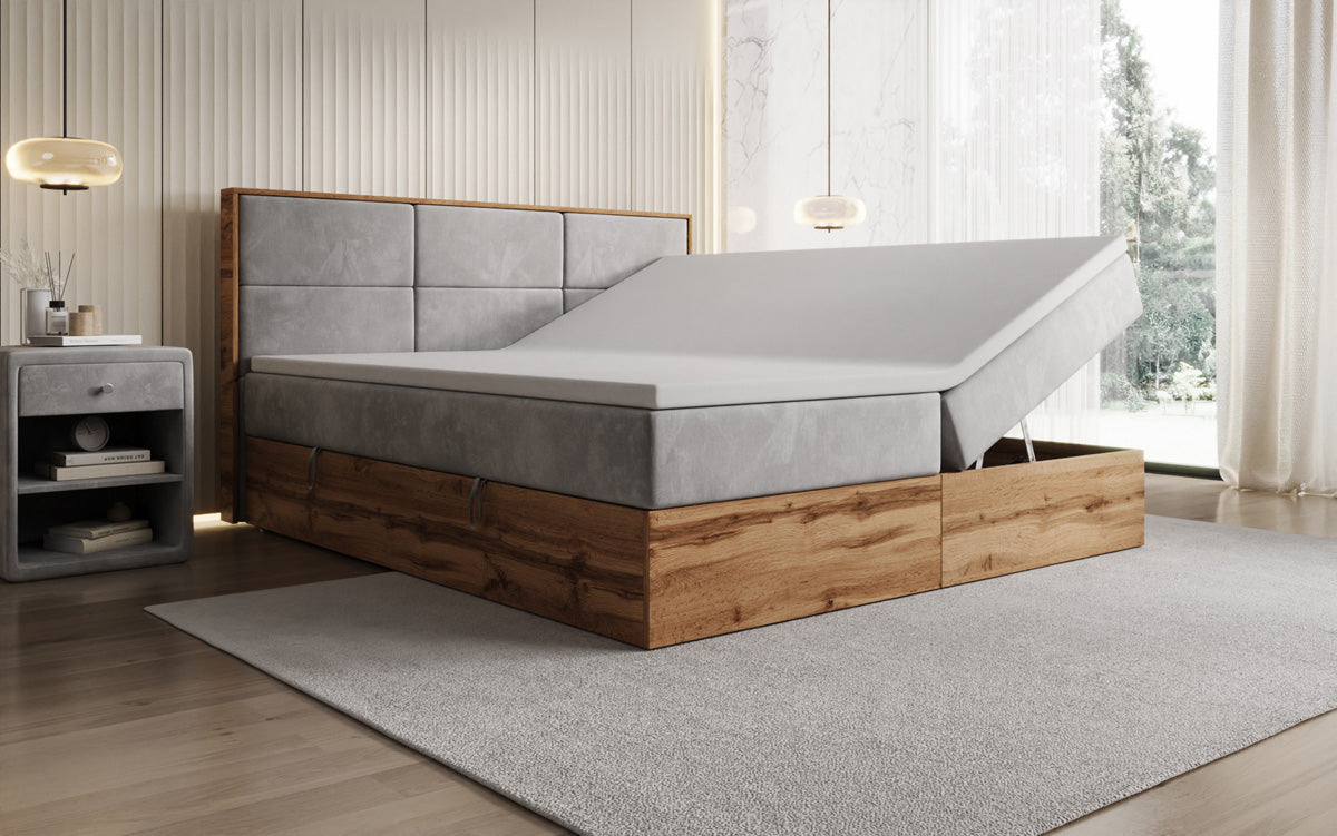 Timber Panel box spring bed with storage in velvet