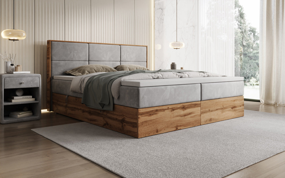 Timber Panel box spring bed with storage in velvet