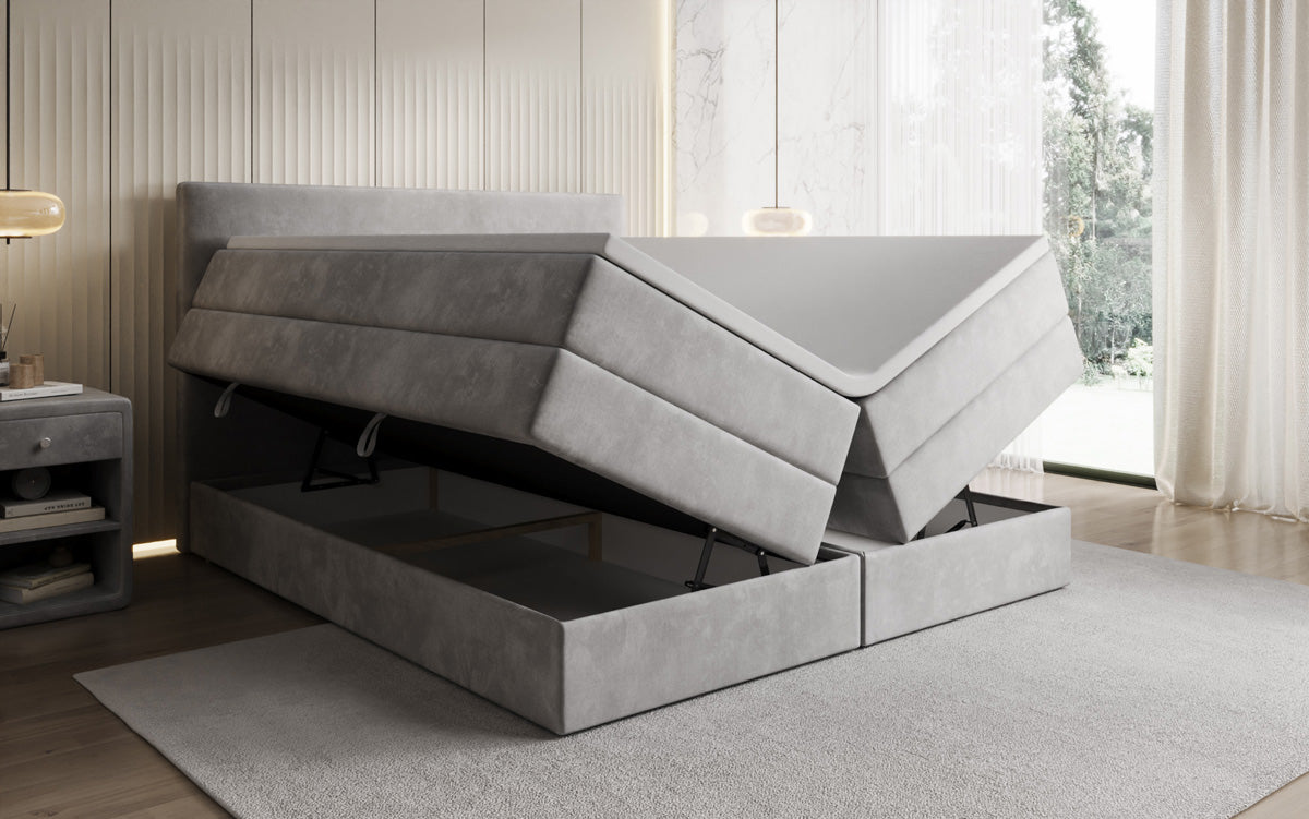 Kubo king box spring bed with storage in velvet