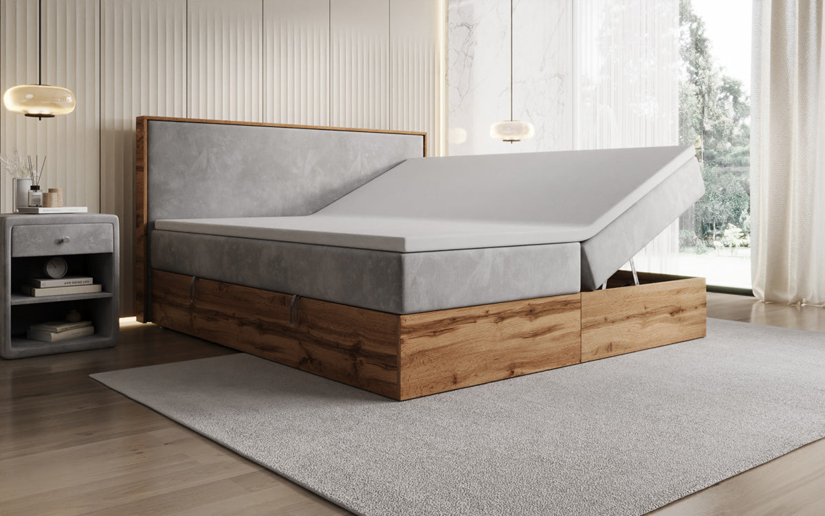 Box spring bed Timber with storage in velvet