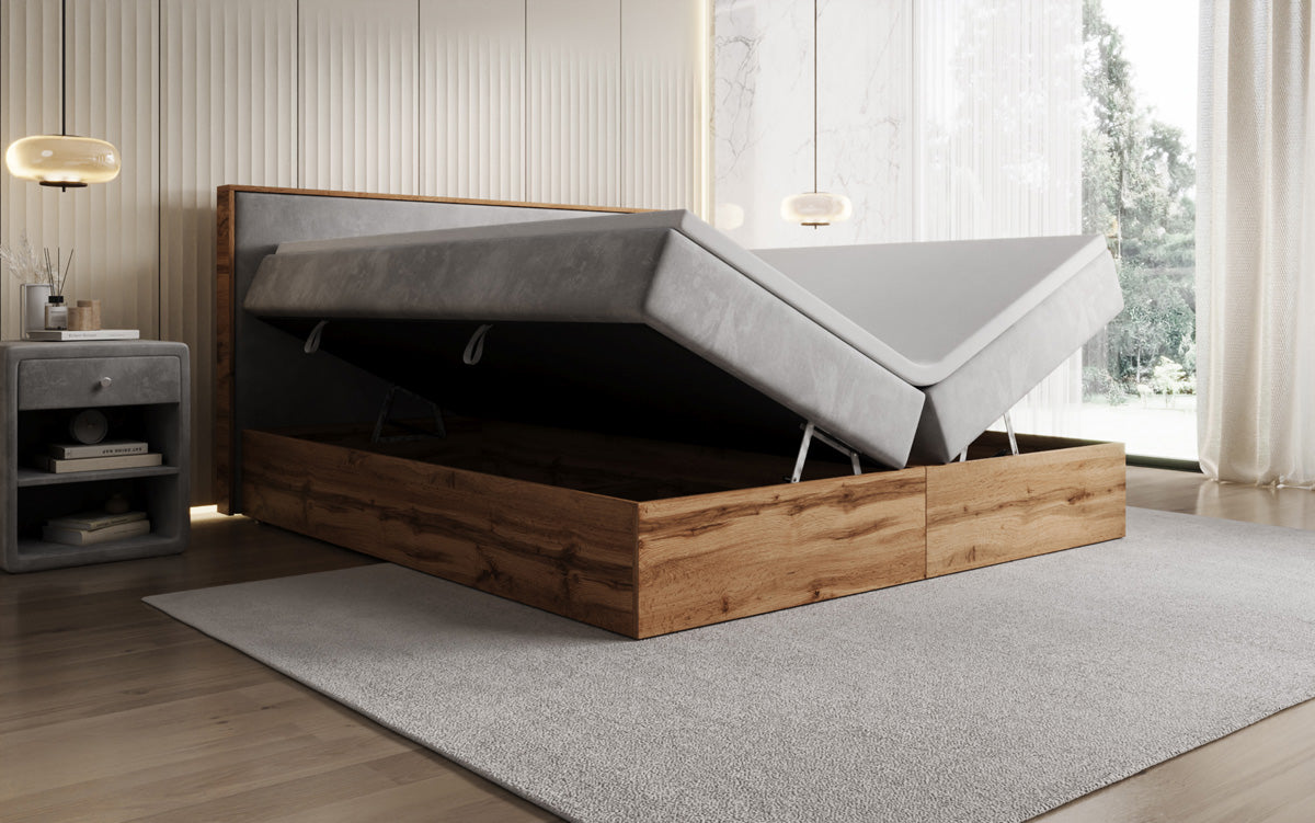 Box spring bed Timber with storage in velvet