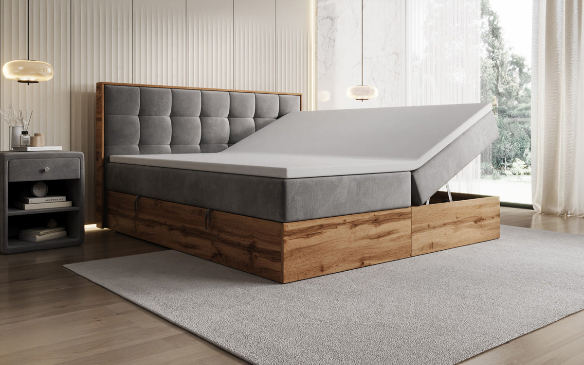 Box spring bed Timber Quad with storage in velvet