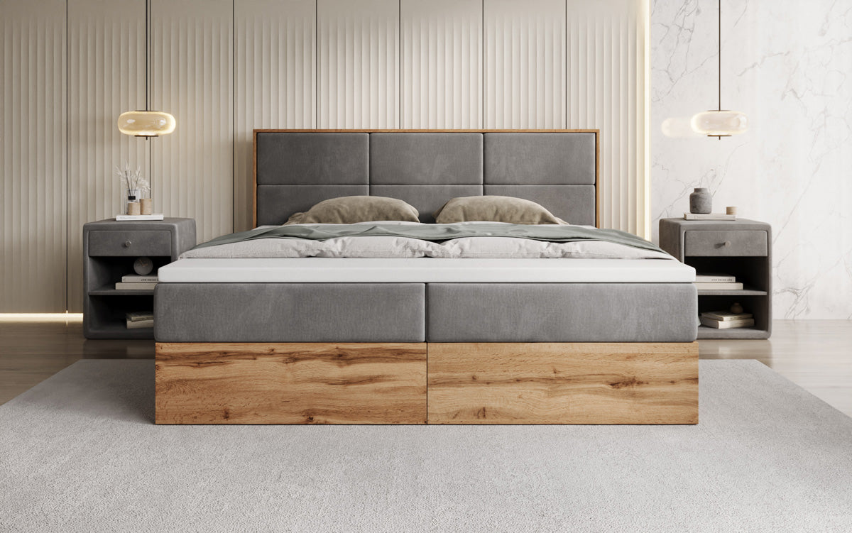 Timber Panel box spring bed with storage in velvet