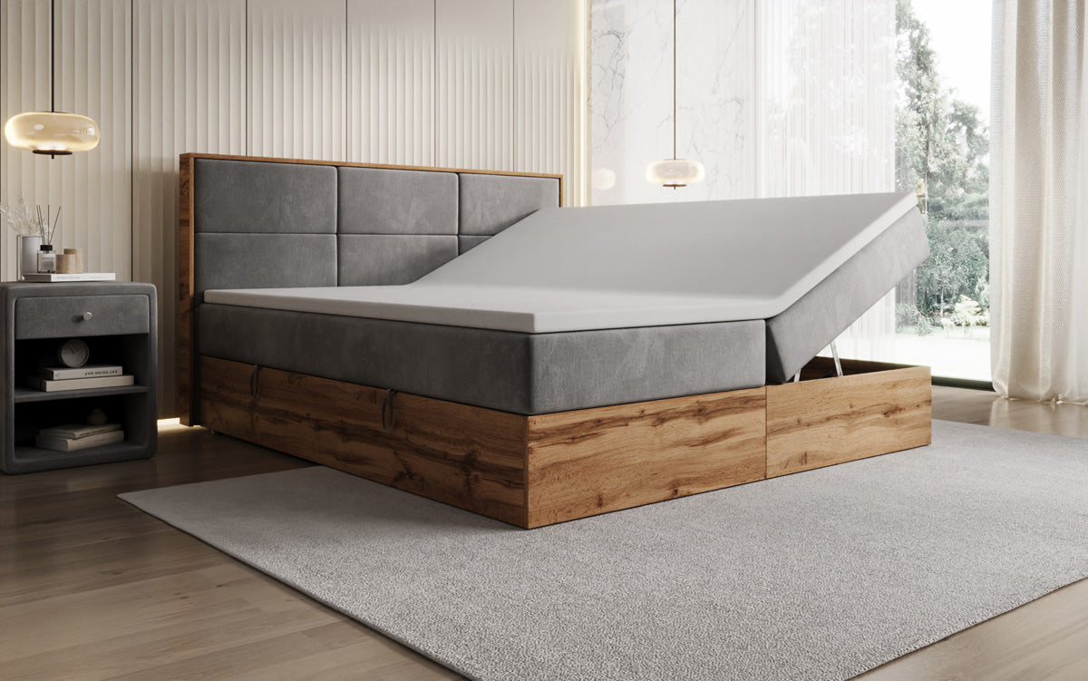 Timber Panel box spring bed with storage in velvet