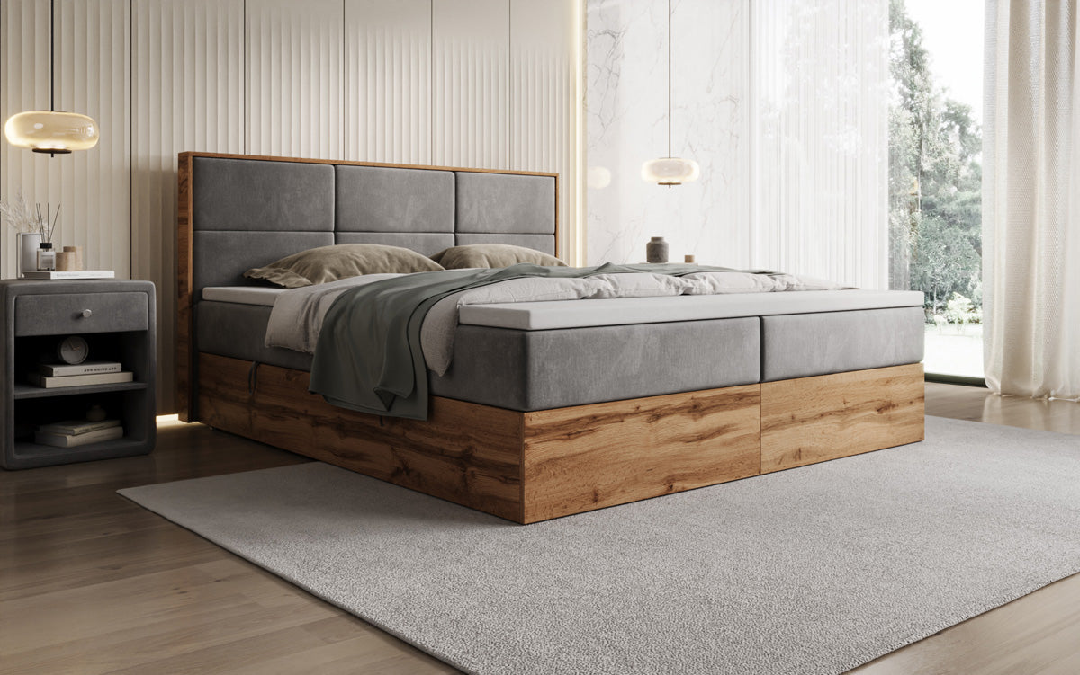 Timber Panel box spring bed with storage in velvet
