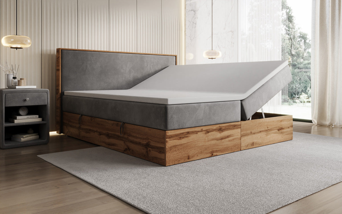 Box spring bed Timber with storage in velvet