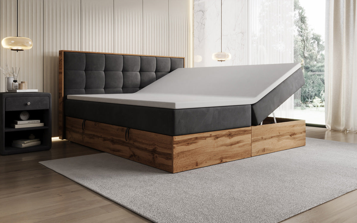 Box spring bed Timber Quad with storage in velvet