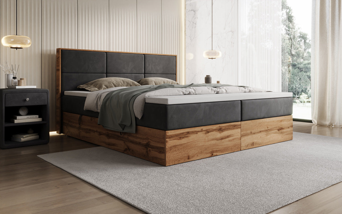 Timber Panel box spring bed with storage in velvet