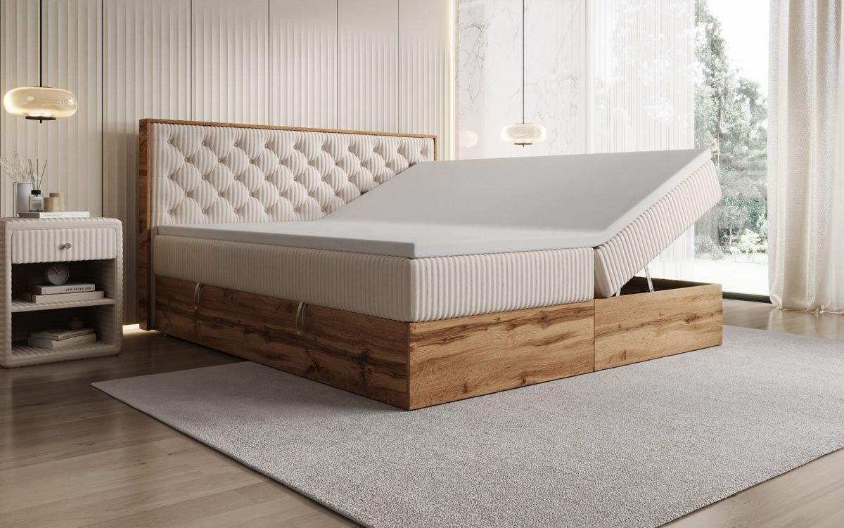 Box spring bed Timber Chester in Corduroy with storage space