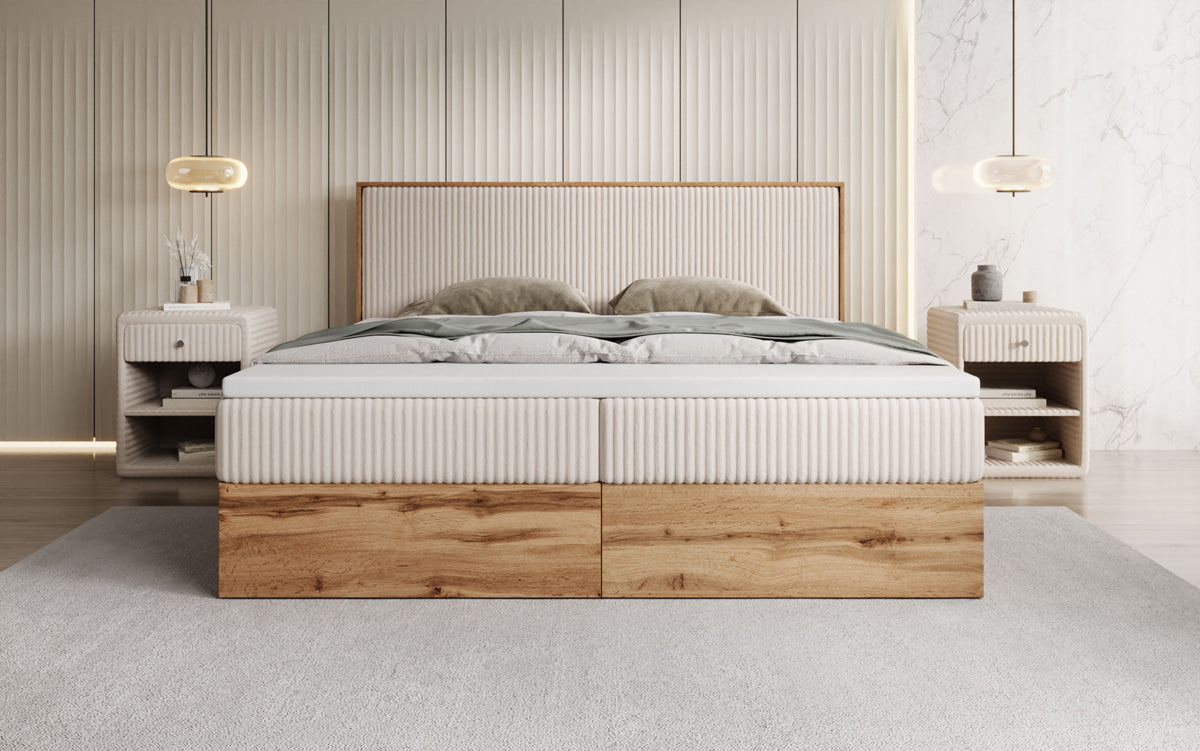 Box spring bed Timber in Corduroy with storage space