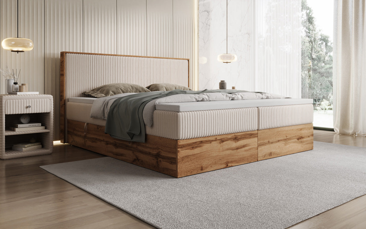 Box spring bed Timber in Corduroy with storage space
