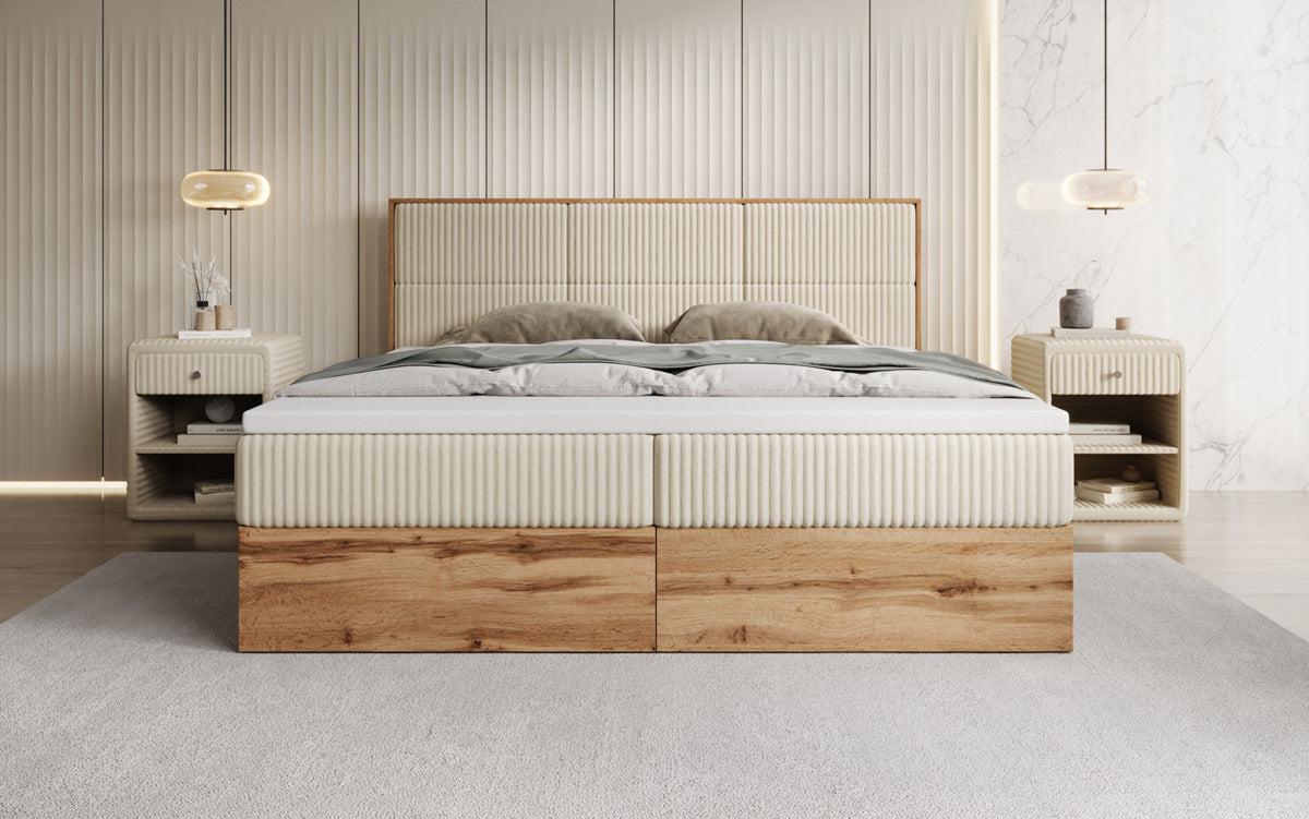 Box spring bed Timber Panel in Corduroy with storage space