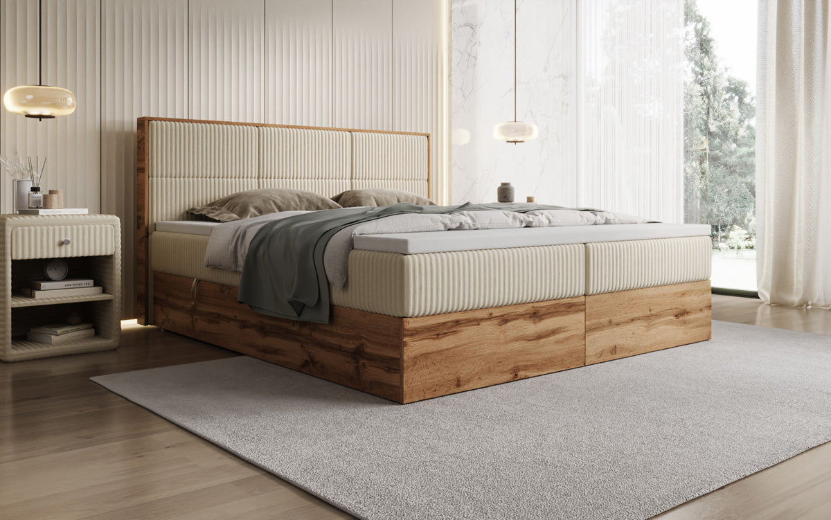 Box spring bed Timber Panel in Corduroy with storage space
