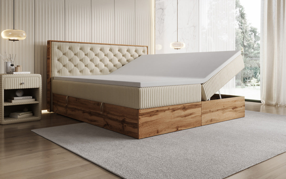 Box spring bed Timber Chester in Corduroy with storage space