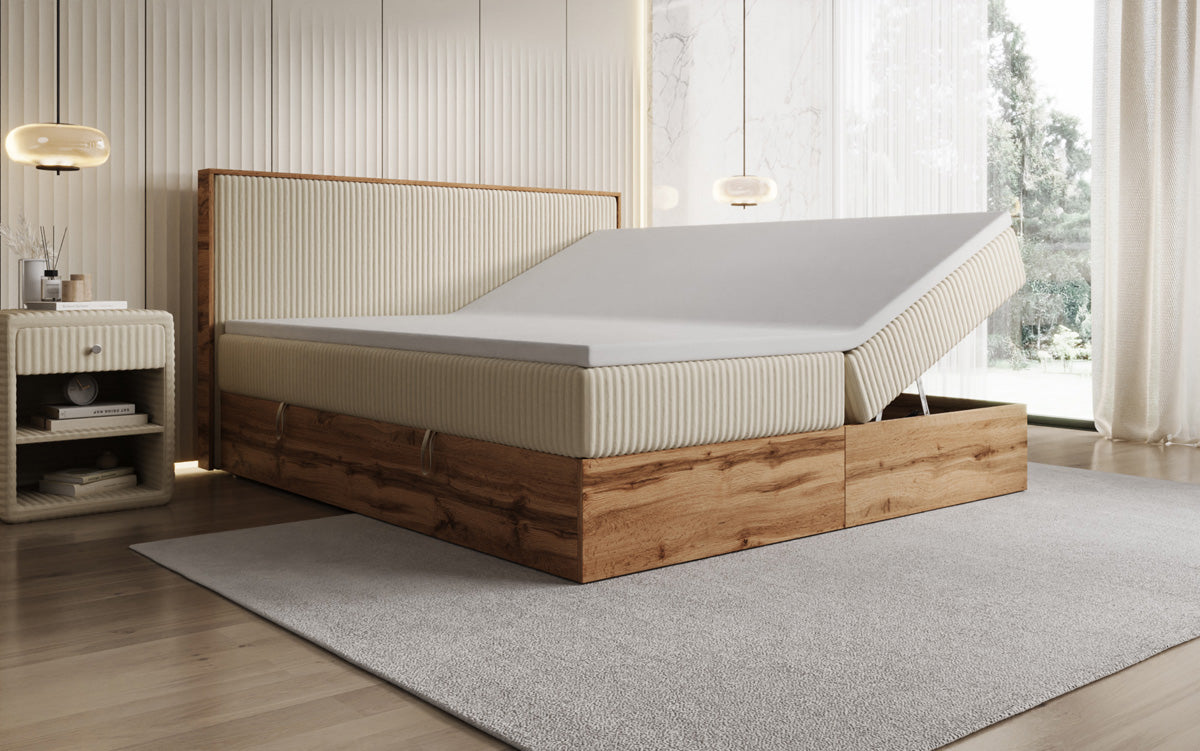 Box spring bed Timber in Corduroy with storage space