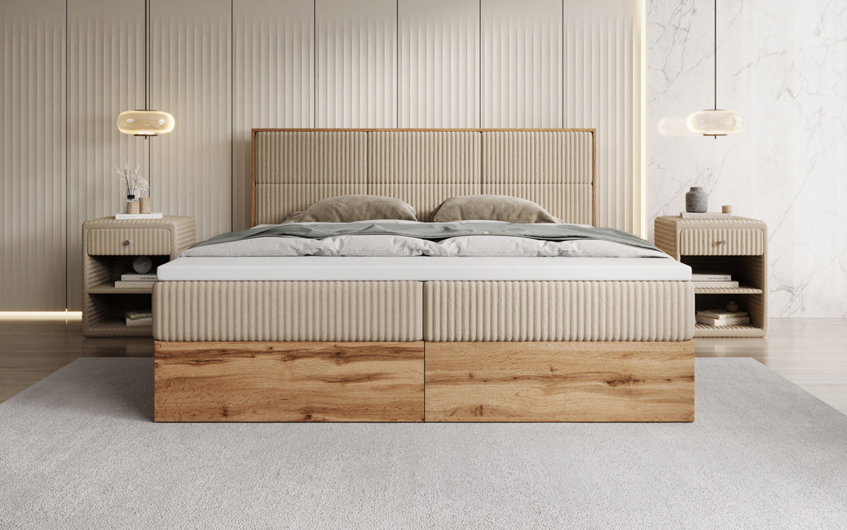 Box spring bed Timber Panel in Corduroy with storage space