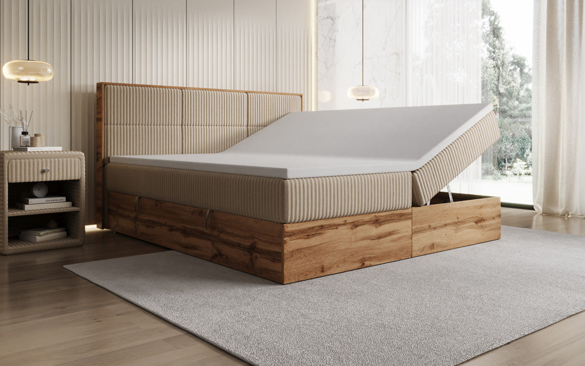 Box spring bed Timber Panel in Corduroy with storage space