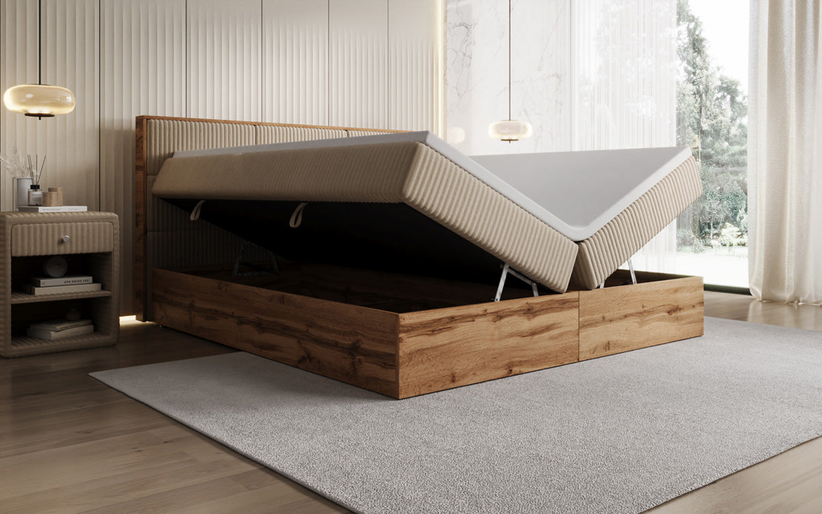 Box spring bed Timber Panel in Corduroy with storage space