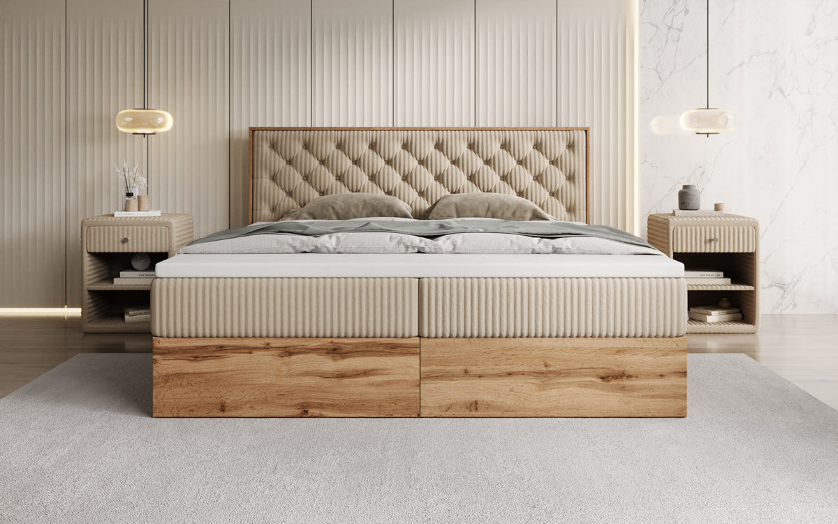 Box spring bed Timber Chester in Corduroy with storage space