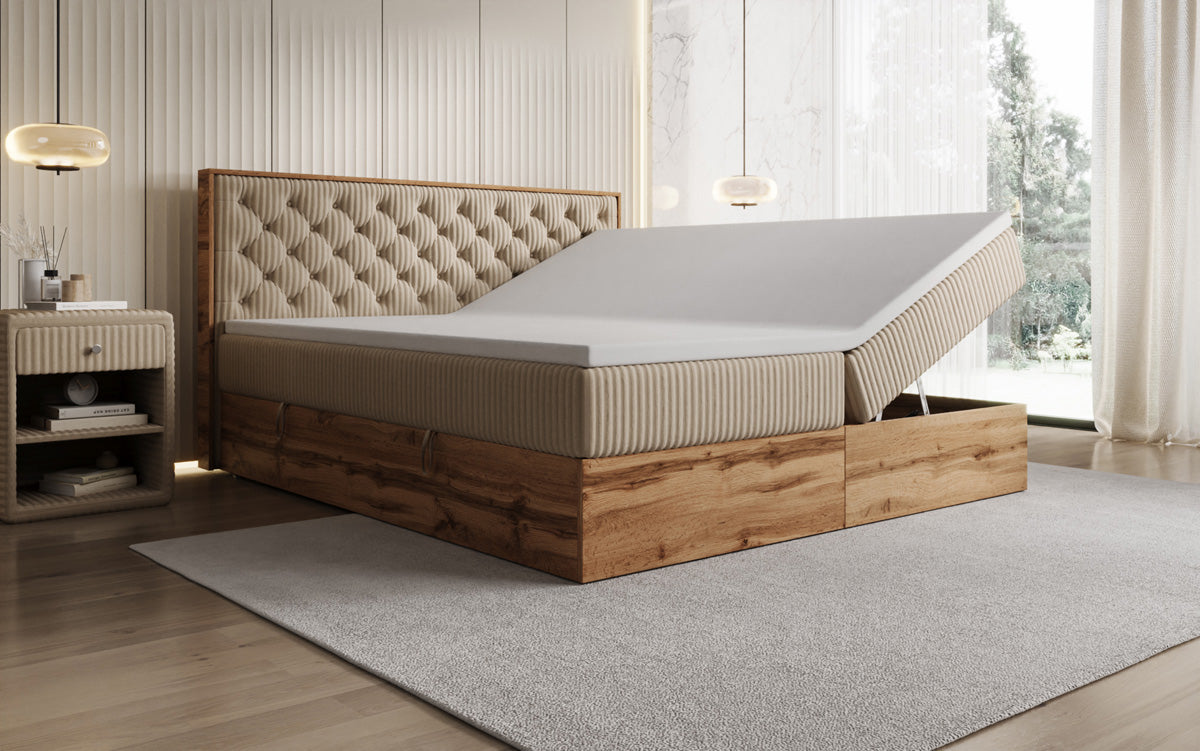 Box spring bed Timber Chester in Corduroy with storage space