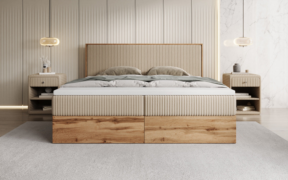 Box spring bed Timber in Corduroy with storage space