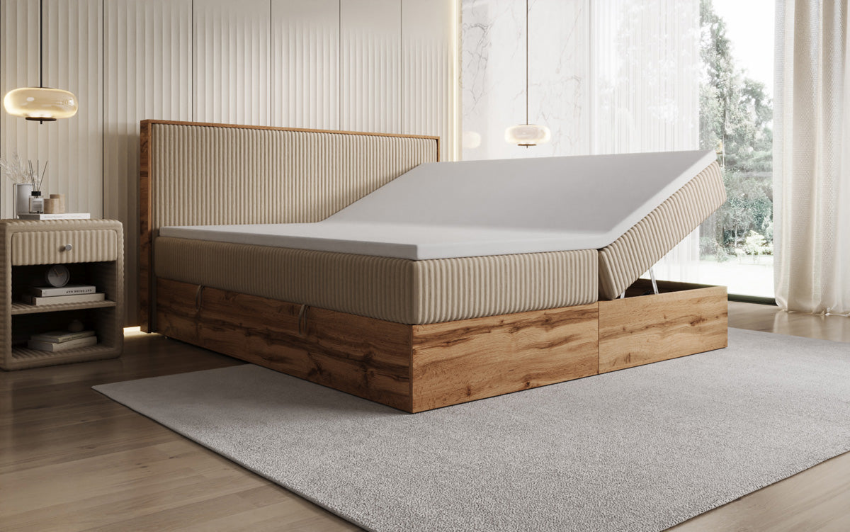 Box spring bed Timber in Corduroy with storage space