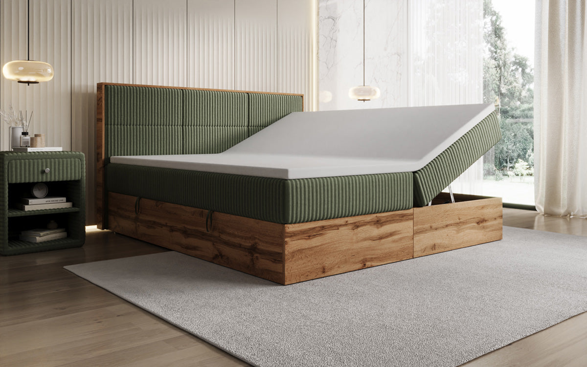 Box spring bed Timber Panel in Corduroy with storage space