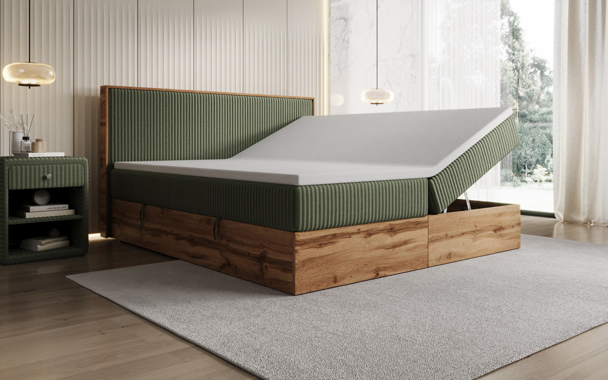 Box spring bed Timber in Corduroy with storage space